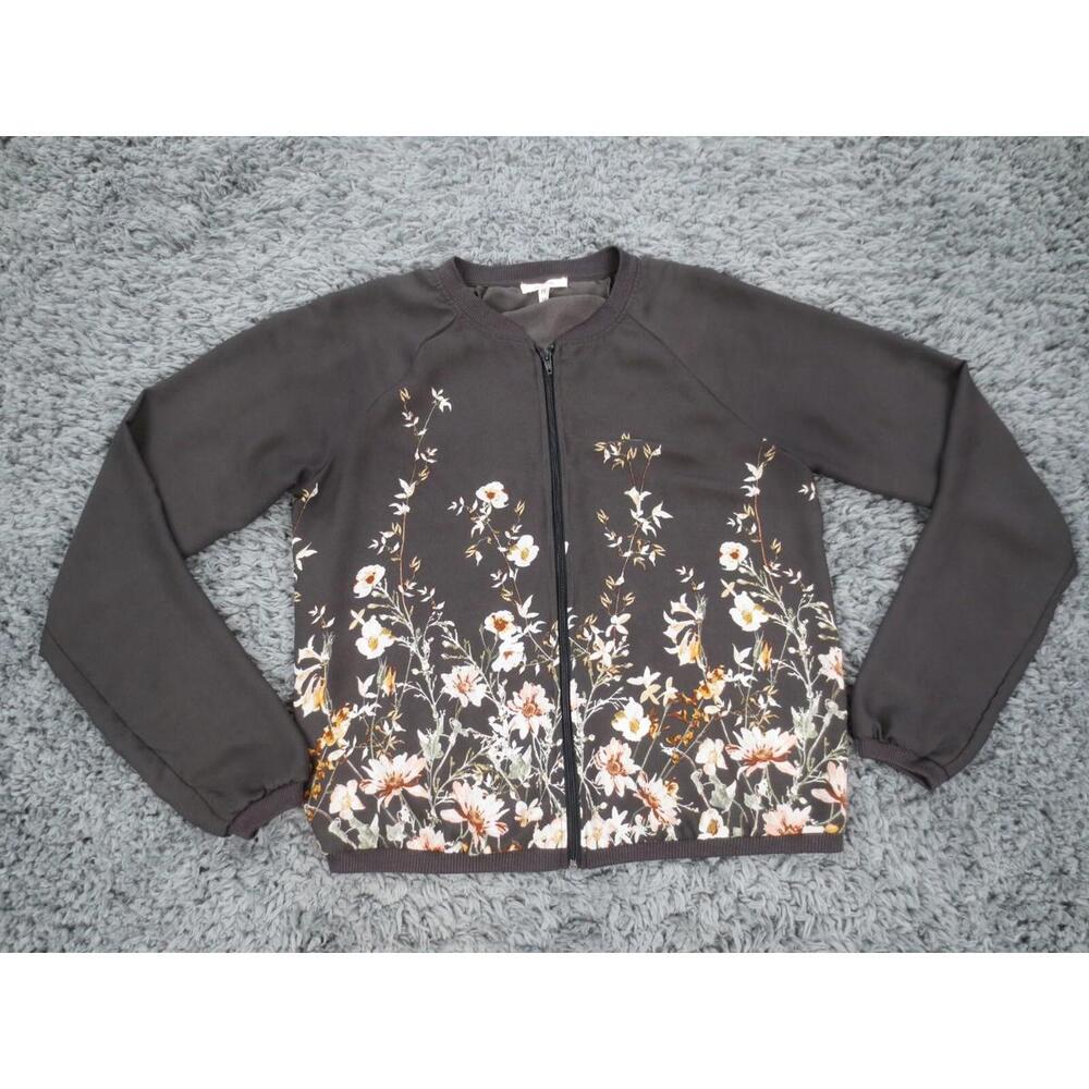 Maurices Jacket Womens Medium Gray Floral Print Sheer Polyester Lightweight Zip